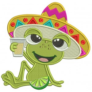 Cute Frog Wearing Sombrero Holding A Drink Filled Machine Embroidery Design Digitized Patterny 